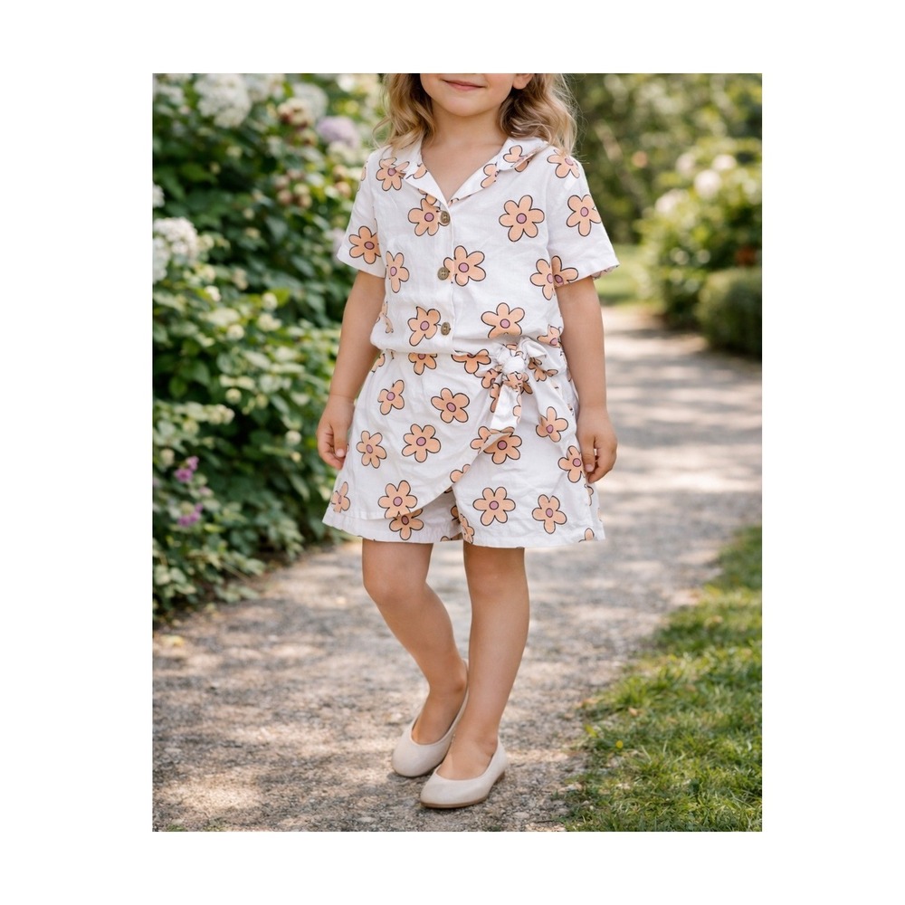 4T Spring Floral Linen Blend Two Piece Top & Shorts Set